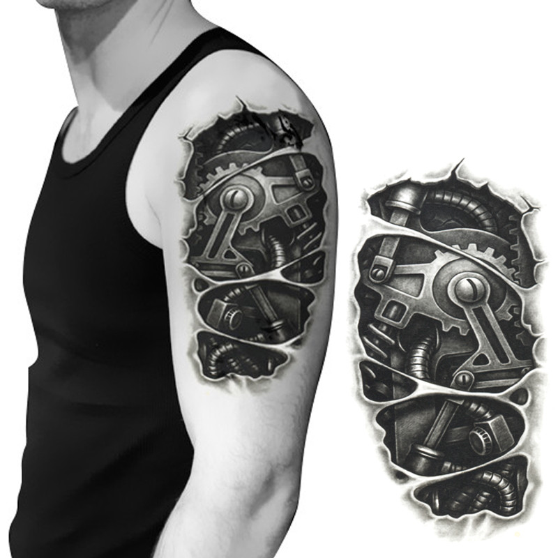 Grey Color 3D Mechanical Tattoo On Left Half Sleeve