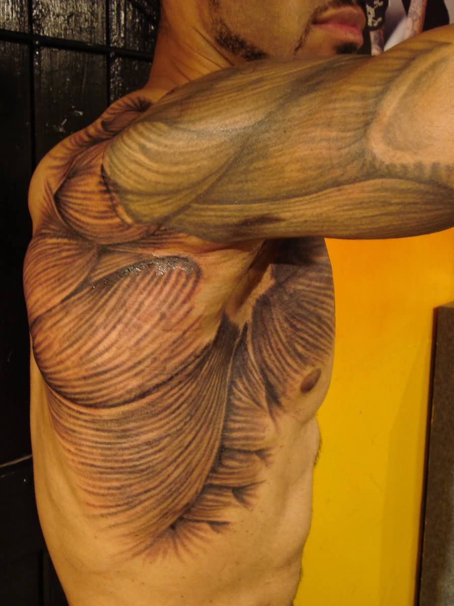 Grey Color Muscles Tattoo On Chest And Half Sleeve For Men