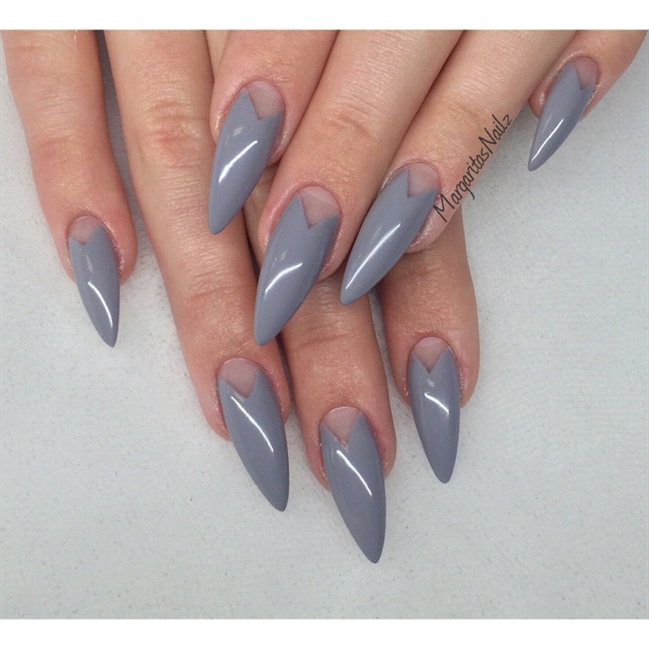 Grey Glossy Stiletto Nail Art