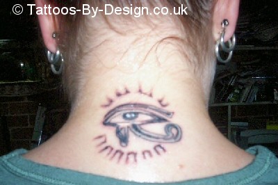 Grey In Awful Horus Eye Tattoo On Nape