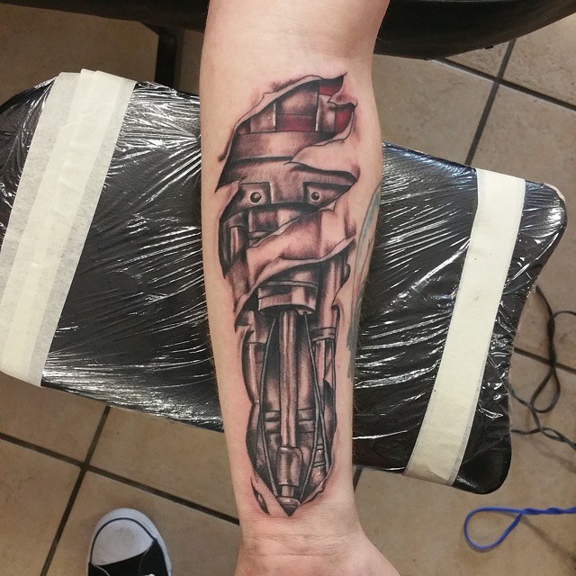 Grey Ink 3D Mechanical Engine Tattoo On Forearm