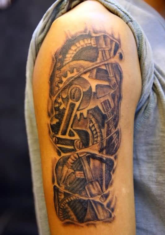 Grey Ink 3D Mechanical Gears Tattoo On Half Sleeve