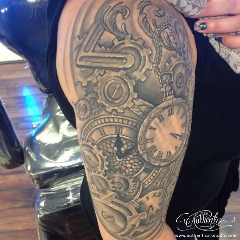 Grey Ink Clocks Biomechanical Gears Tattoo On Half Sleeve