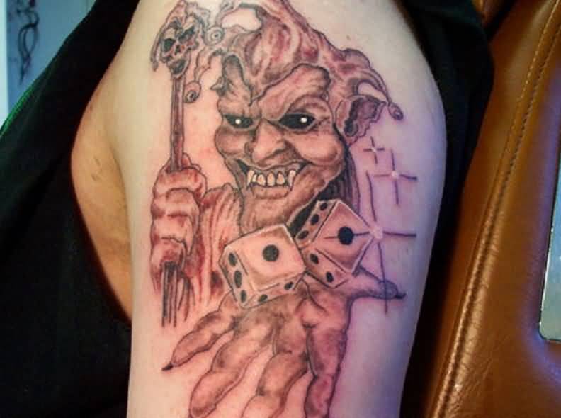 Grey Ink Evil Jester With Dices Tattoo On Half Sleeve