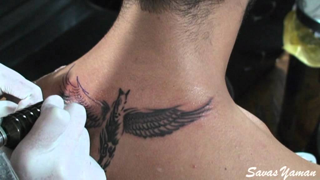 Grey Ink Flying Pegasus Tattoo On Nape