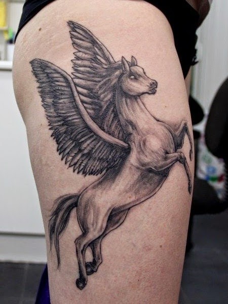 Grey Ink Flying Pegasus Tattoo On Thigh