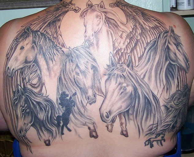 Grey Ink Horse And Pegasus Head Tattoo On Back