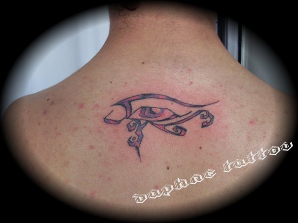 Grey Ink Horus Eye Tattoo On Back Neck