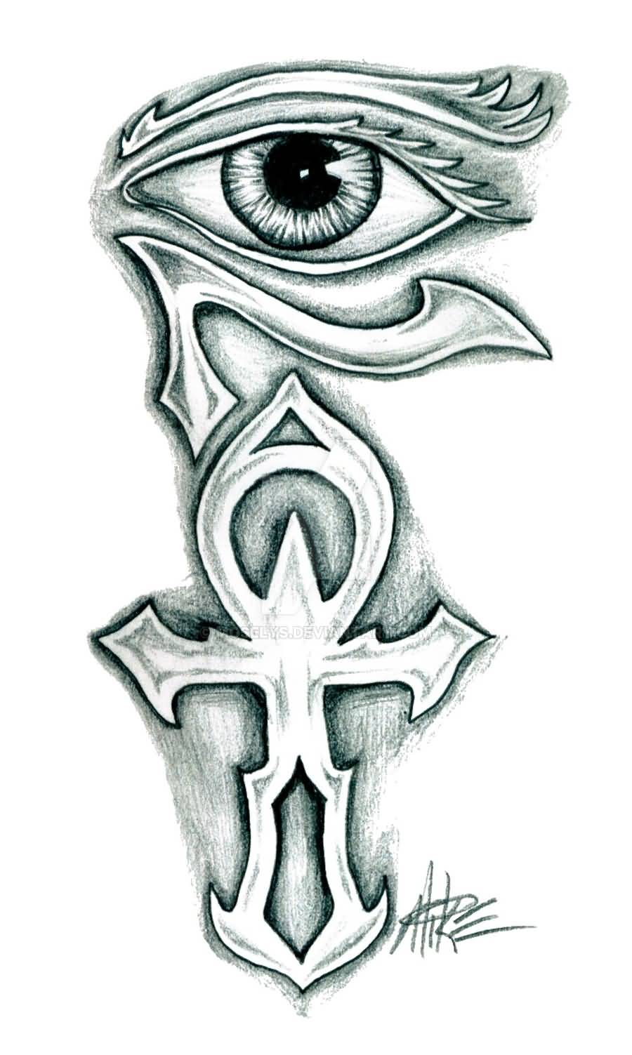 Grey Ink Horus Eye With Ankh Tattoo Design By Moselys