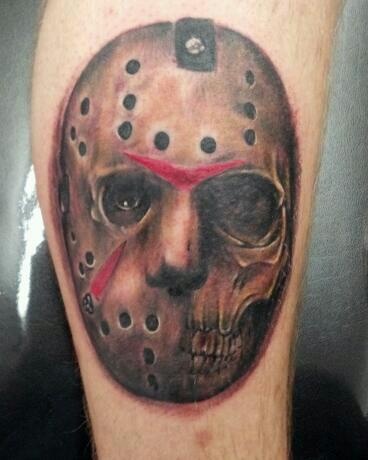 Grey Ink Jason Face Tattoo By Matt Riddle