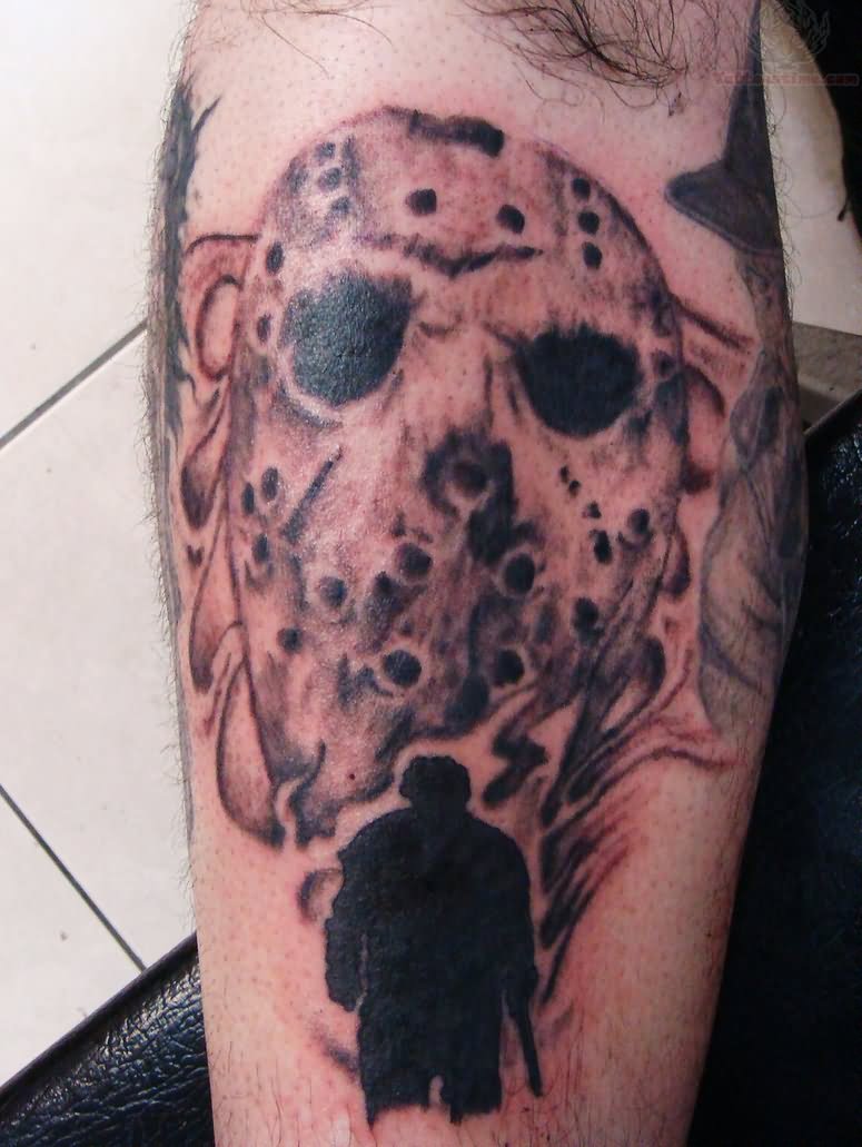 Grey Ink Jason Mask With Flames Tattoo