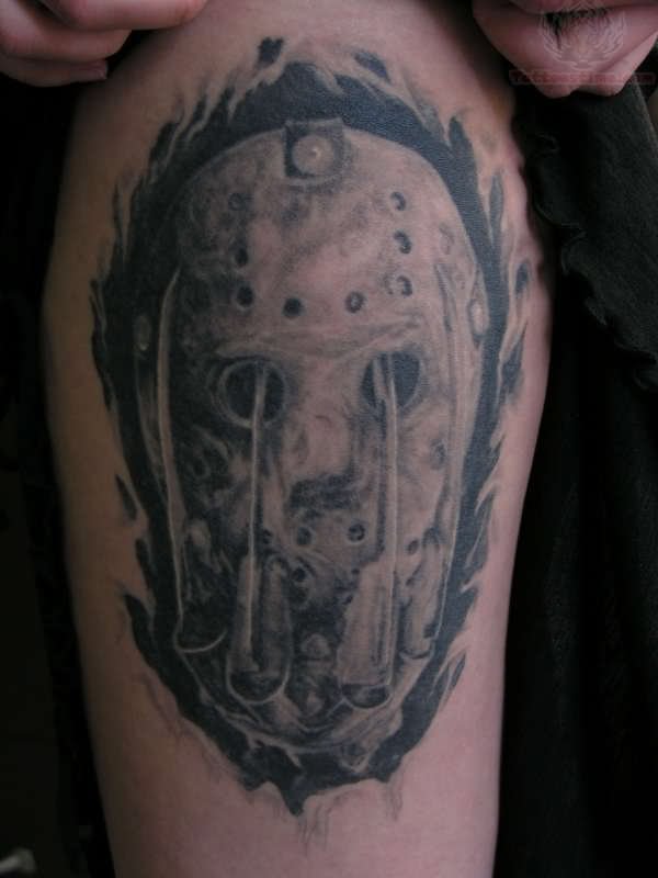 Grey Ink Jason Mask With Freddy Glove Tattoo On Half Sleeve