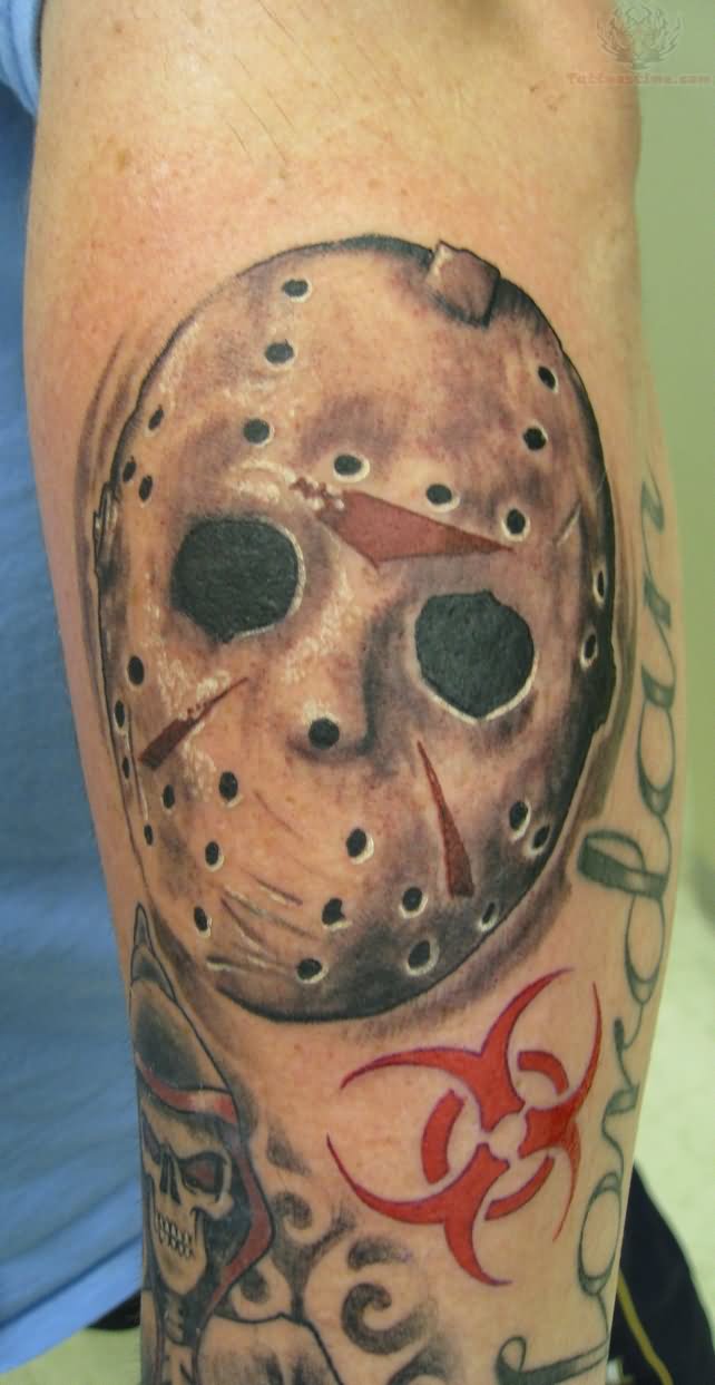 Grey Ink Jason Vorhees Mask Tattoo On Arm Sleeve