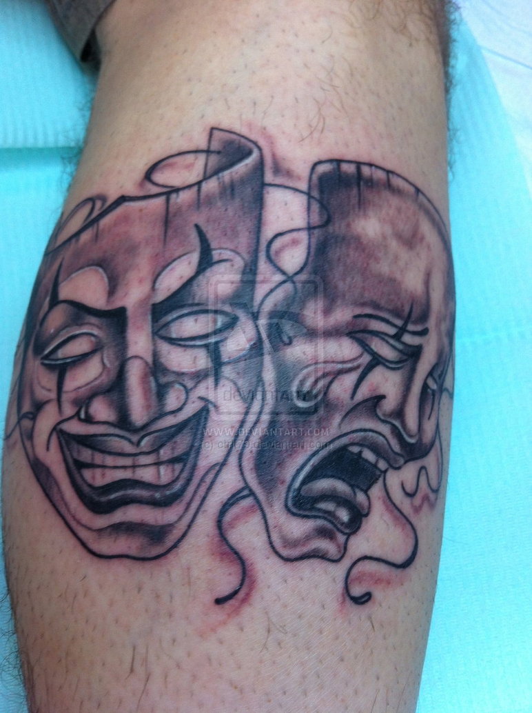 Grey Ink Laughing And Crying Jester Masks Tattoo