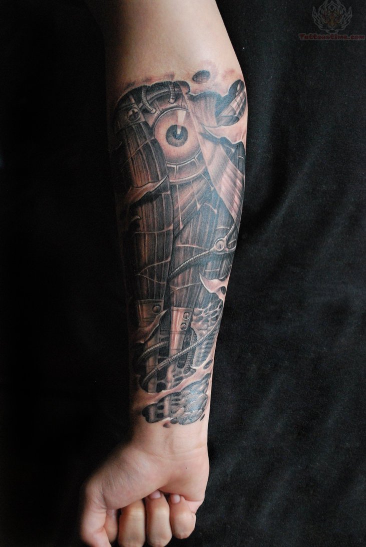 Grey Ink Mechanical With Eye Tattoo On Forearm