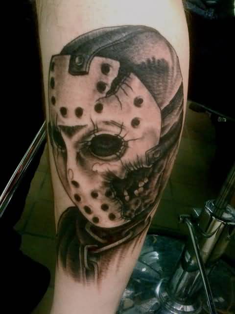 Grey Ink Nice Jason Head Tattoo On Arm Sleeve