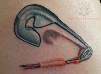 Grey Ink Safety Pin Ripped Skin Tattoo