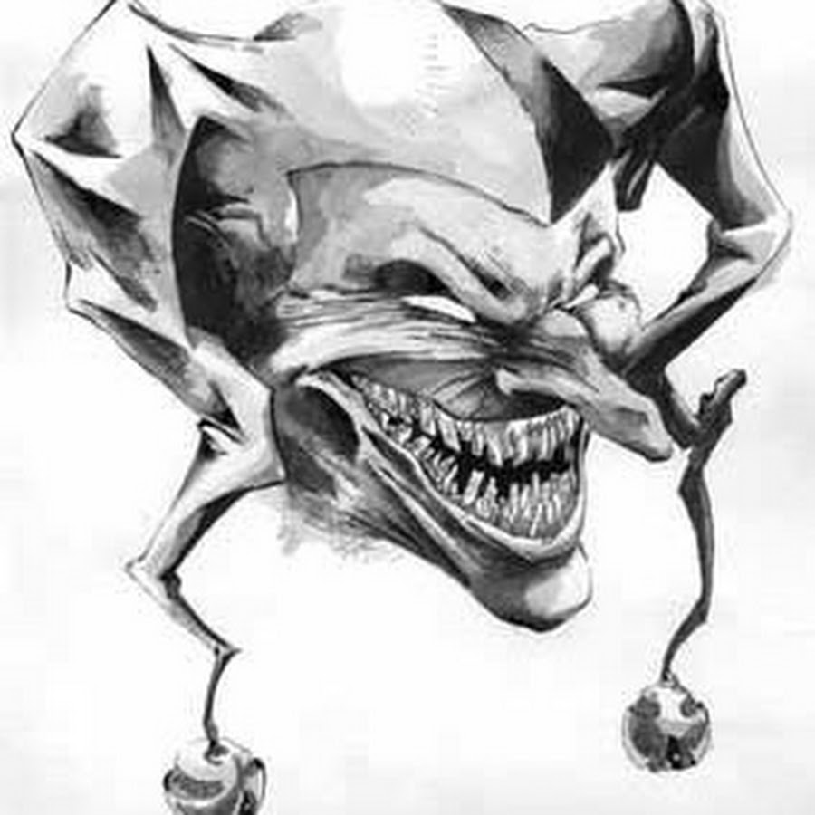 Grey Ink Scary Evil Jester Head Tattoo Design