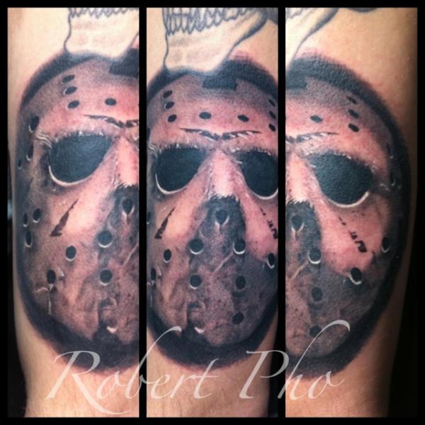 Grey Ink Terrific Jason Mask Tattoo