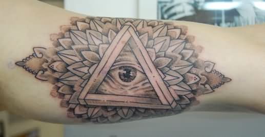 Grey Ink Triangle Eye With Mandala Flower Tattoo On Bicep