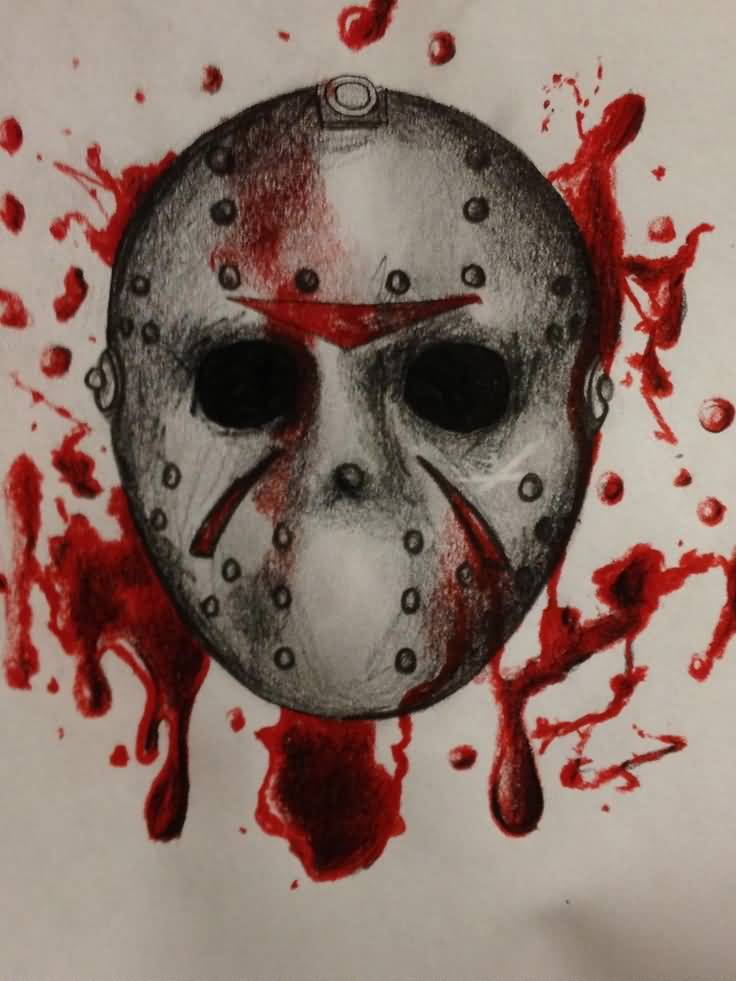 Grey Jason Mask With Blood Tattoo Design