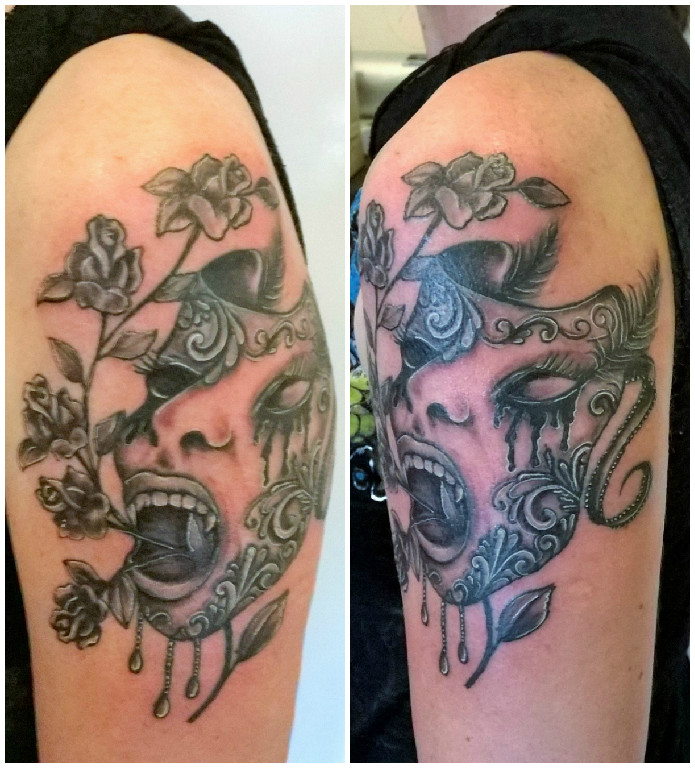 Grey Jester Mask With Roses Tattoo On Right Half Sleeve