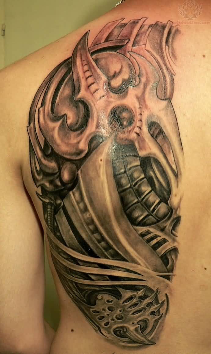 Grey Mechanical Back Shoulder Tattoo