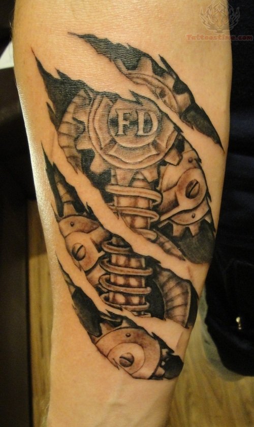 Grey Mechanical Ripped Skin Tattoo On Arm