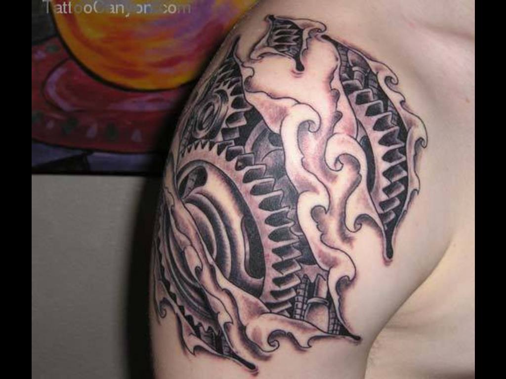 Grey Mechanical Ripped Skin Tattoo On Right Shoulder