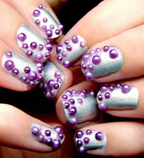 Grey Nails With Purple 3D Polka Dots Nail Art