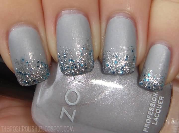 Grey Nails With Sparkle Glitter Tip Nail Art