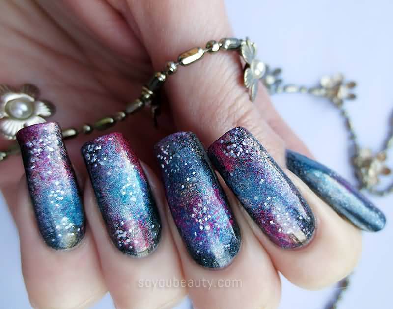 9. Black and Purple Galaxy Nail Design - wide 10