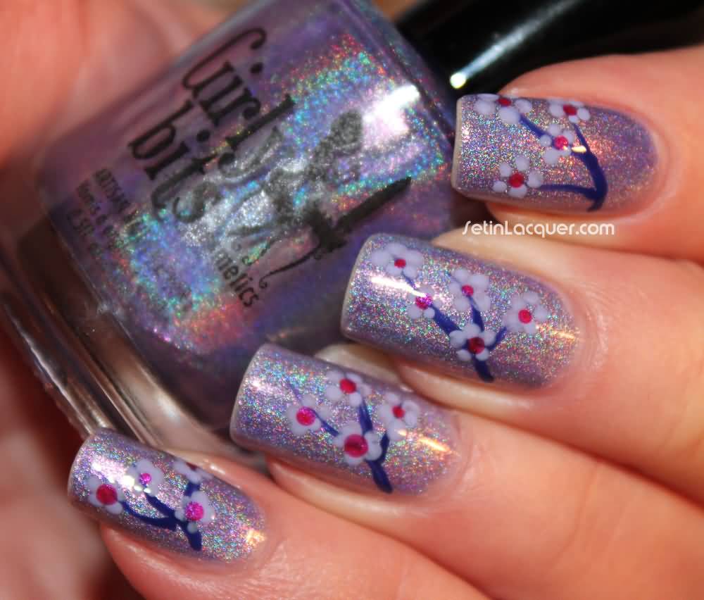 Holographic Polish Nail Art With Flowers Design Idea