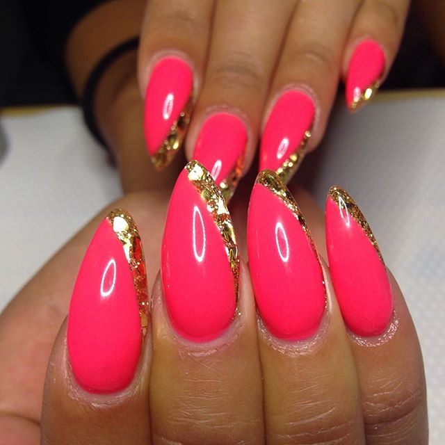 Hot Pink Glossy Stiletto Nail Art With Gold Border Design Idea