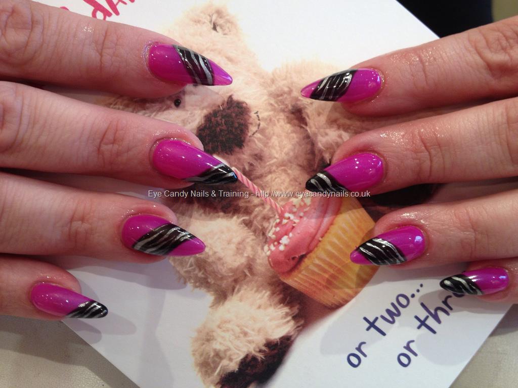 Hot Pink Nails With Black Stripes Design Stiletto Nail Art