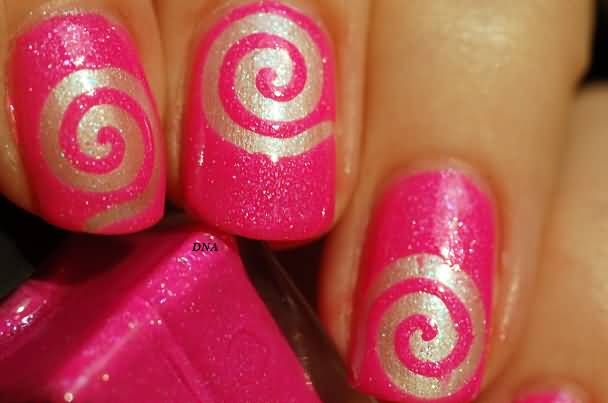 Hot Pink Nails With Silver Spiral Design Nail Art Idea