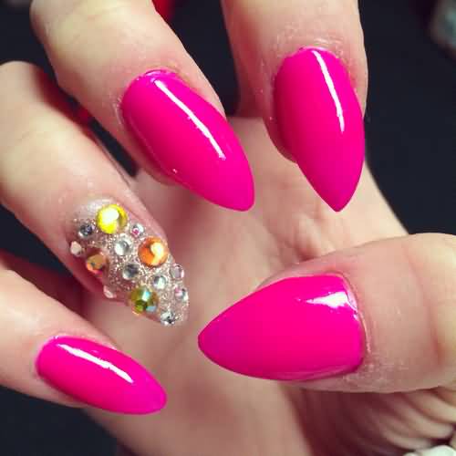 Hot Pink Stiletto Nail Art With Pearls Design Idea