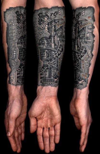 Impressive 3D Grey Mechanical Tattoo On Forearm