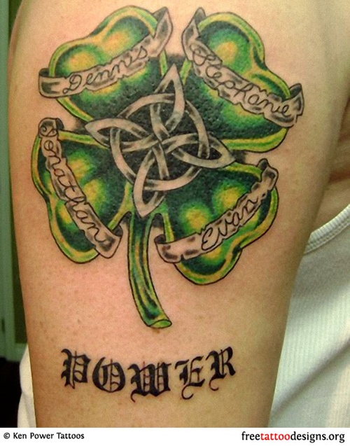 Impressive Banners On Celtic Shamrock Leaf Tattoo On Right Shoulder