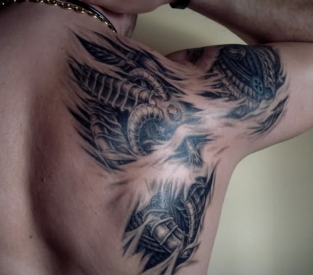 Impressive Black And Grey 3D Biomechanical Back Shoulder Tattoo