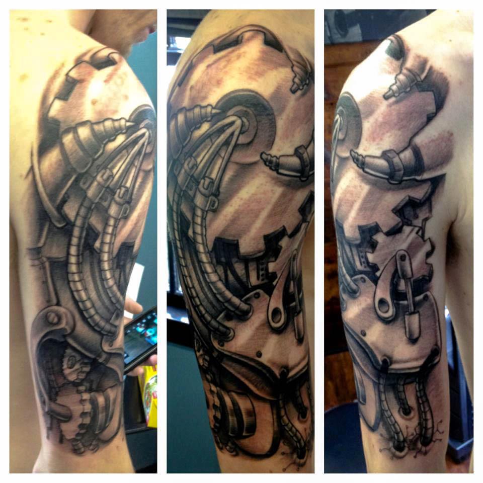 Impressive Black And Grey Mechanical Tattoo On Half Sleeve