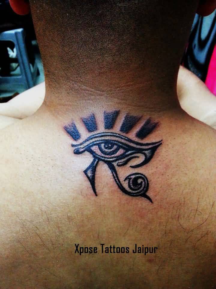 Impressive Dark Ink Horus Eye Tattoo On Nape By Xpose Tattoo