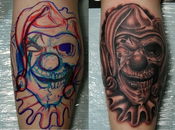 Impressive Grey And Black Evil Jester Head Tattoo On Arm Sleeve