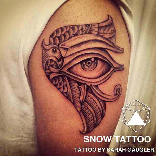 Impressive Grey Ink Hawk Horus Eye Tattoo On Left Shoulder By Sarah