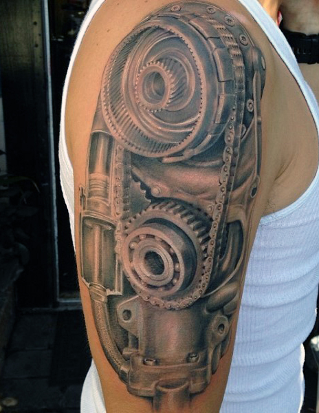 Impressive Grey Mechanical Tattoo On Right Half Sleeve
