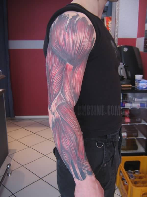 Impressive Inner Muscles Tattoo On Full Sleeve