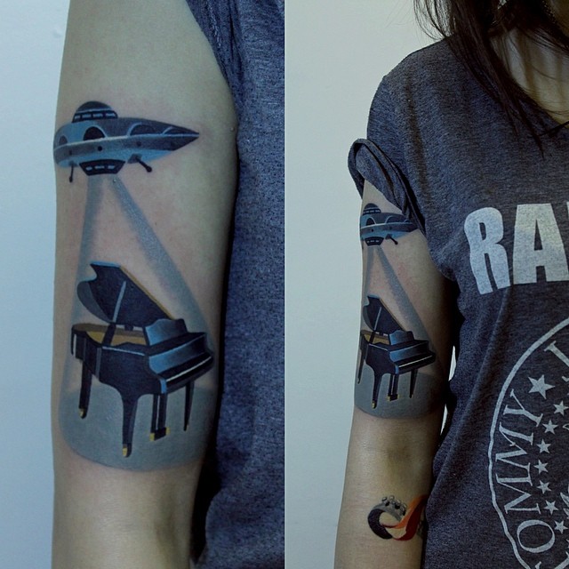 Impressive Ufo With Grand Piano Tattoo On Right Half Sleeve By Sasha Unisex