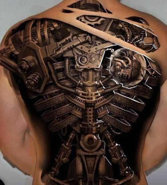 Incredible 3D Black Biomechanical Tattoo On Full Back