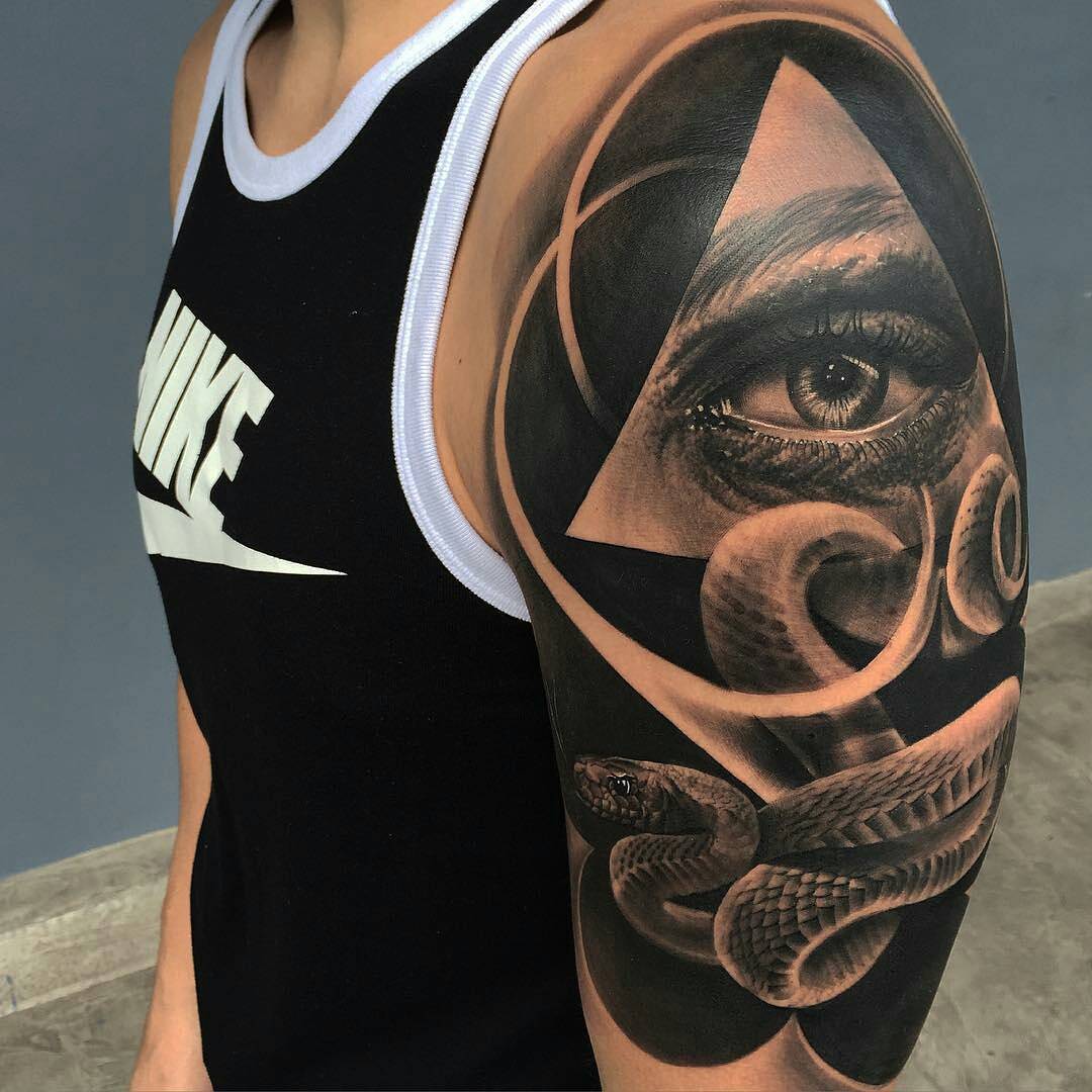Incredible 3D Dark Ink Triangle Eye With Snake Tattoo On Left Half Sleeve