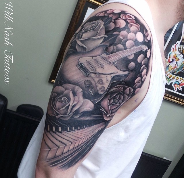 Incredible 3D Grey Piano Keys With Guitar And Roses Tattoo On Right Half Sleeve